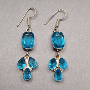 Sterling Silver Dangle Earrings 2.5" Blue Glass Gemstones 12.35g